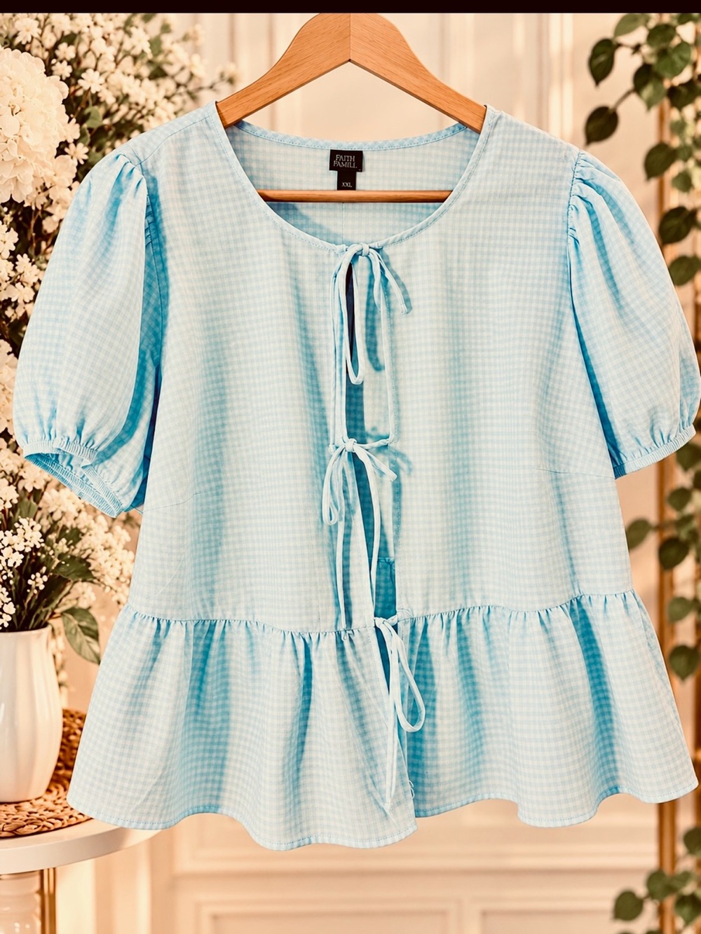 wild fable Light Blue Gingham Tie-Front Peplum Blouse